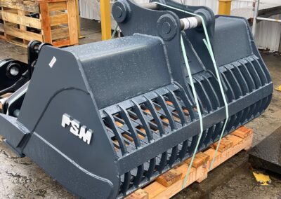 Wheel loader skeleton bucket prepped for shipping at factory